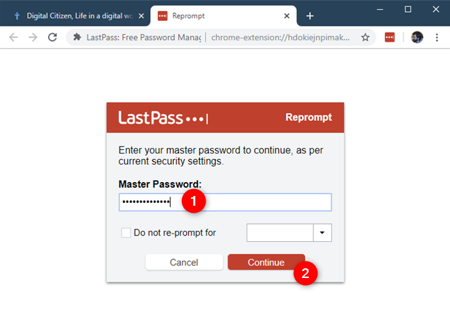 Confirming your identity by reentering your LastPass password