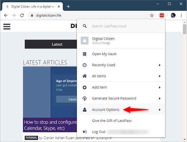 The Account Options entry from LastPass