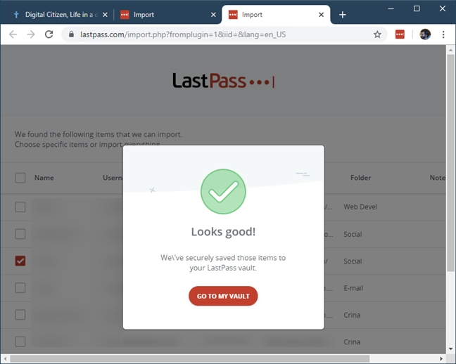 Confirmation from LastPass that the import was finished