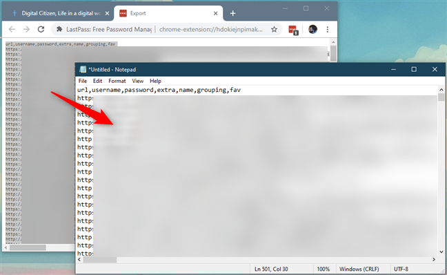 Copy and Paste LastPass passwords into a new text file, using Notepad or another text editor