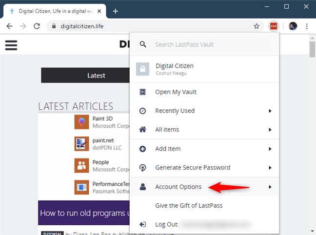 The Account Options from LastPass