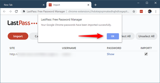 LastPass confirmation that the passwords were imported correctly
