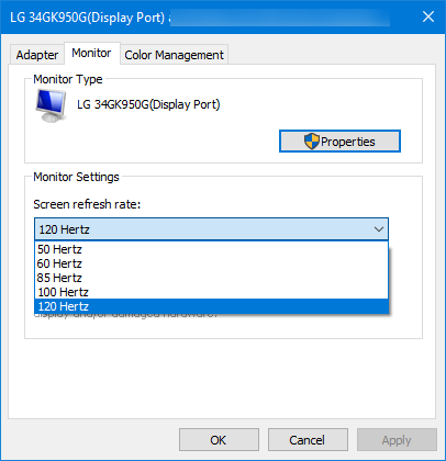 Setting the refresh rate to 120 Hz on the LG 34GK950G