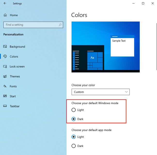 Disabling the Light Mode in Windows 10