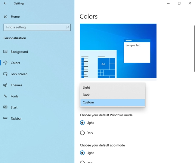 Disabling the Light Mode in Windows 10