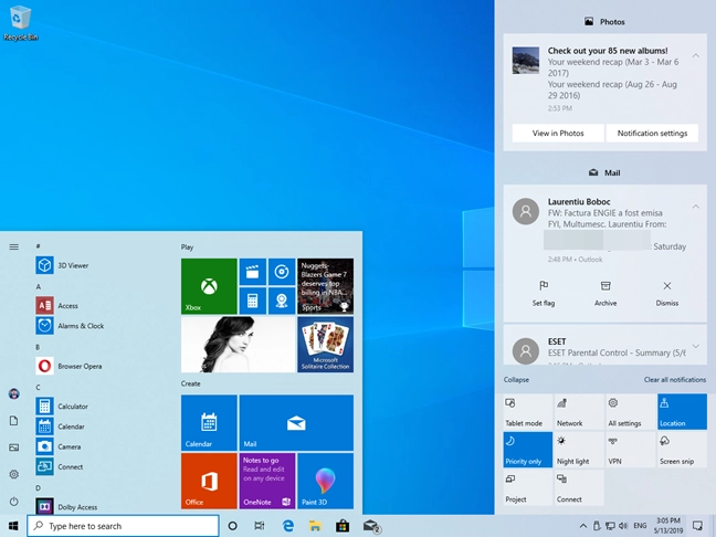 The Windows 10 Start Menu and Action Center, in Light Mode