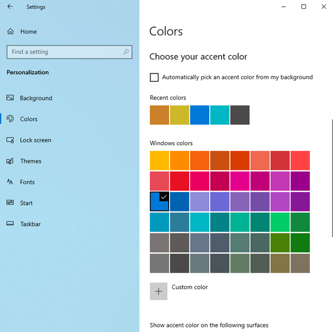 Setting the accent color used by Windows 10