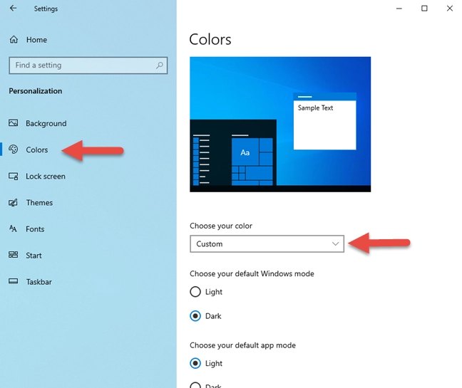 The colors used in Windows 10