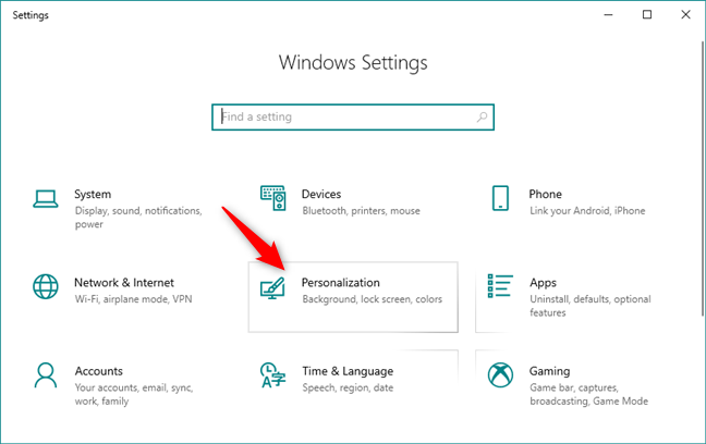 The Personalization section from the Settings app