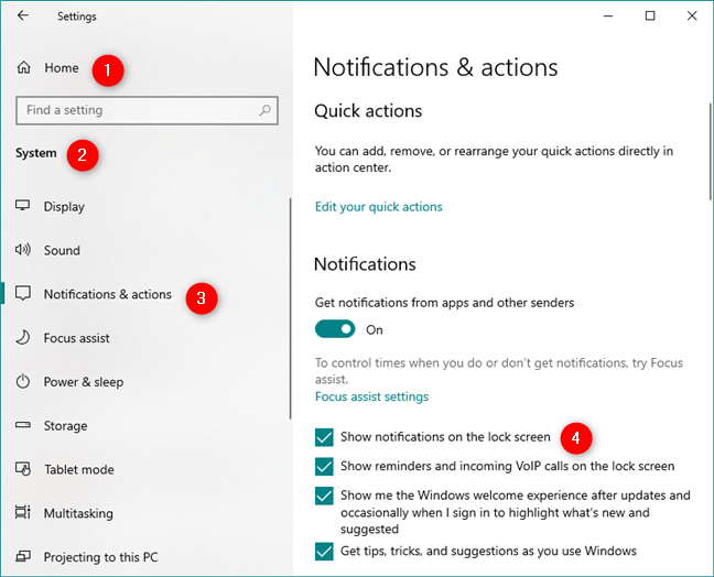 The Notifications &amp; actions page from the Settings app