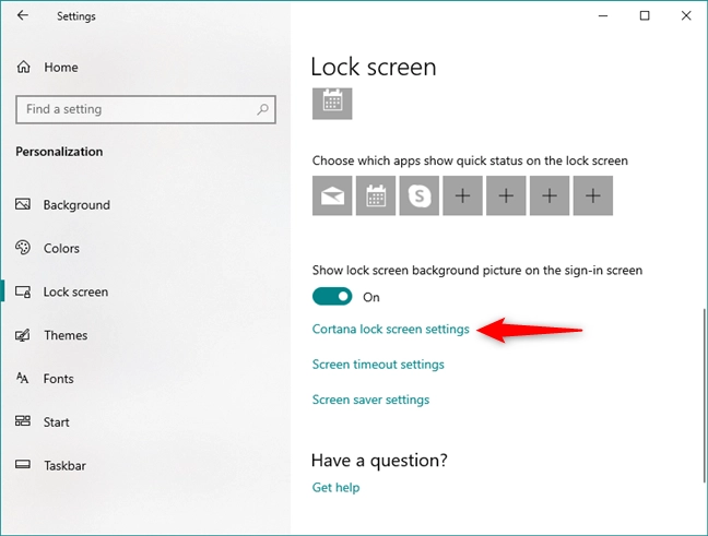 The link to Cortana Lock Screen settings