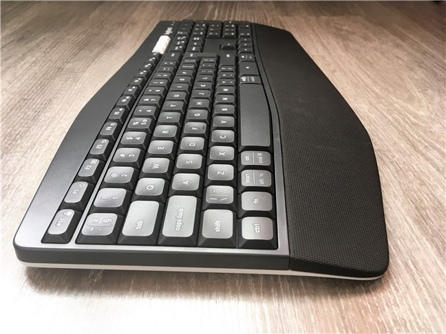 The Logitech K850 Performance keyboard seen from a side