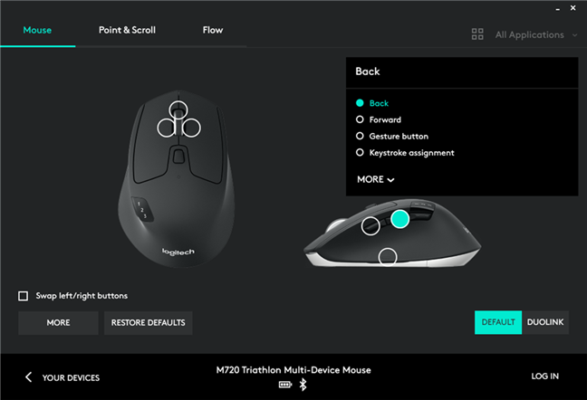 The settings available for the Logitech M720 Triathlon mouse