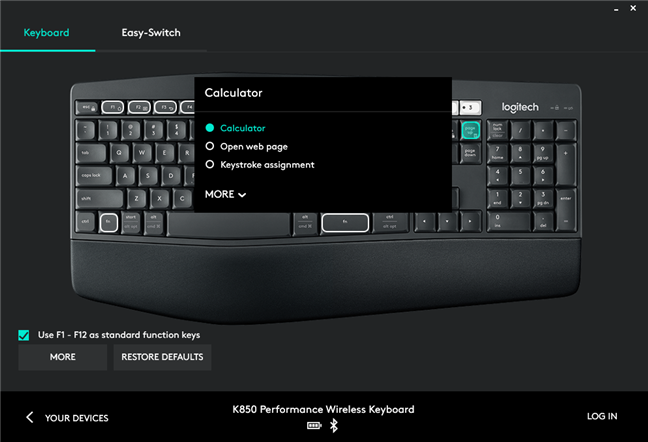 The settings available for the Logitech K850 Performance keyboard