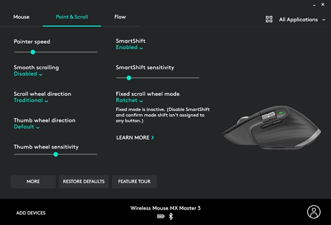 The settings available in the Logitech Options software