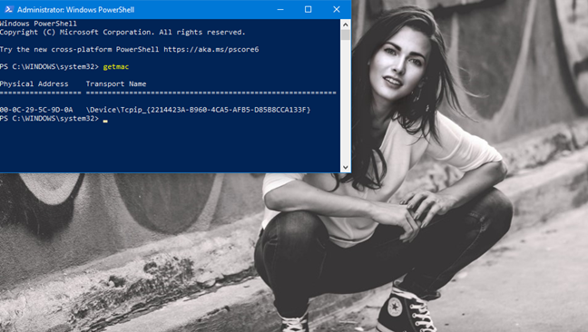 The MAC address shown in PowerShell