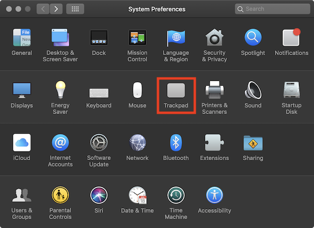 The Trackpad option in the System Preferences window