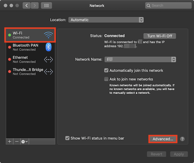 Open Advanced options for your preferred network