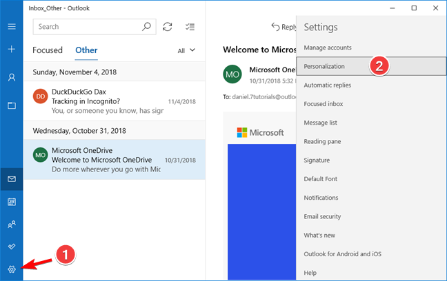 Open Personalization settings in the Mail app for Windows 10