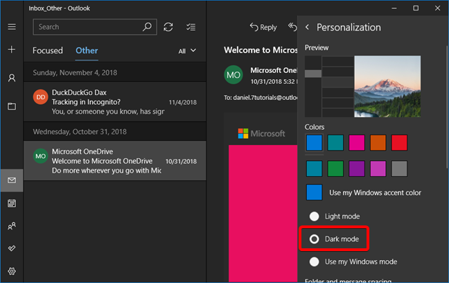 Dark mode enabled for the Mail app in Windows 10