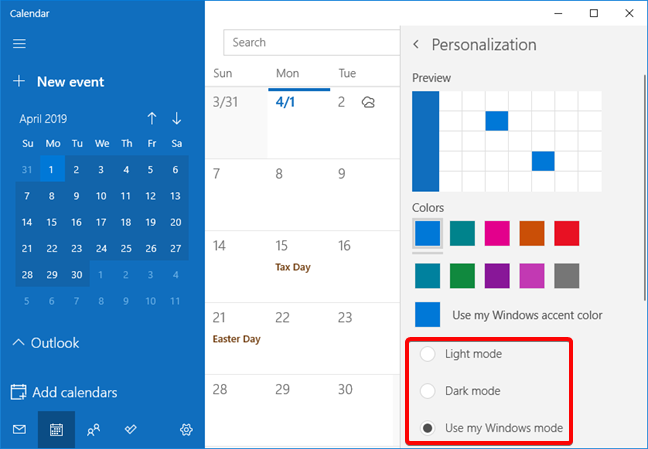 The light and dark mode options in the Calendar app settings