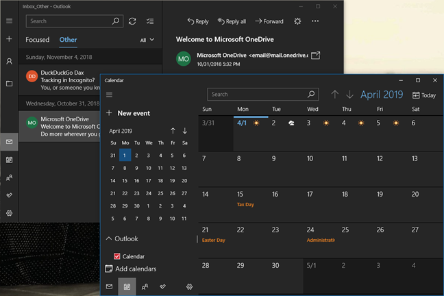 The dark mode for the Mail and Calendar apps in Windows 10