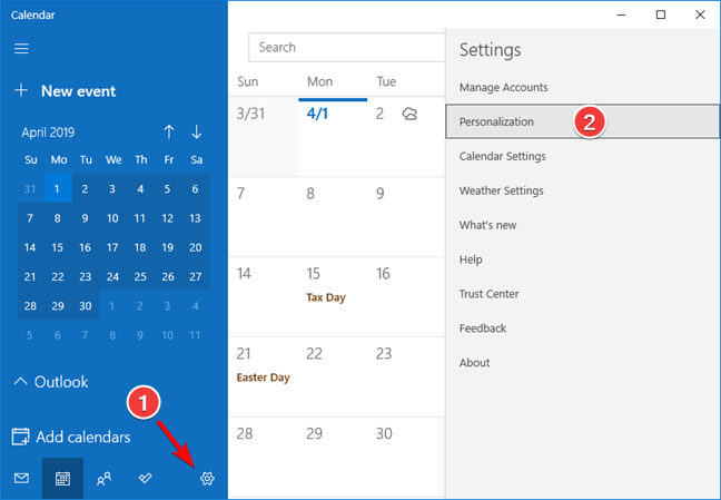 Open Personalization settings in the Calendar app for Windows 10