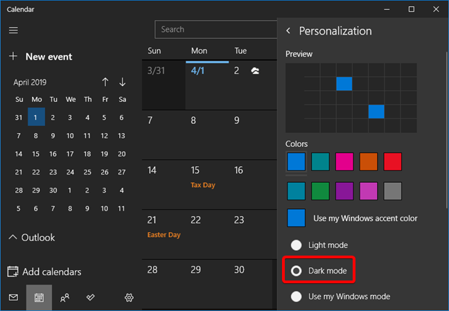Dark mode enabled for the Calendar app in Windows 10