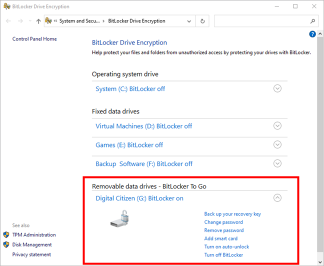 The list of BitLocker management options available for a USB memory stick