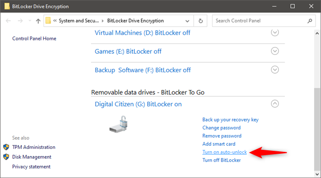 Turn on auto-unlock for a BitLocker-encrypted drive