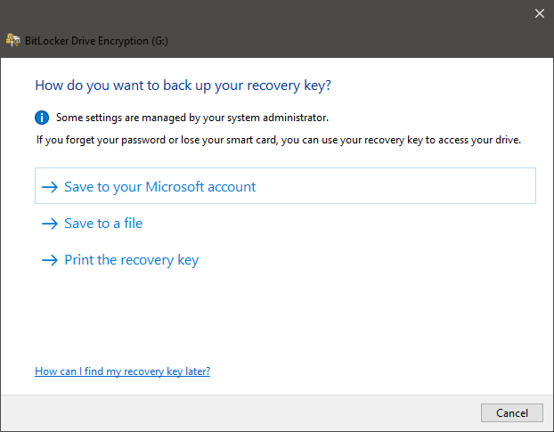 Choosing how to back up the BitLocker recovery key