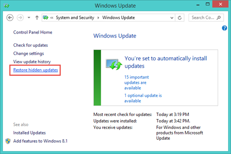 Windows Update, review, updates, hidden, restore