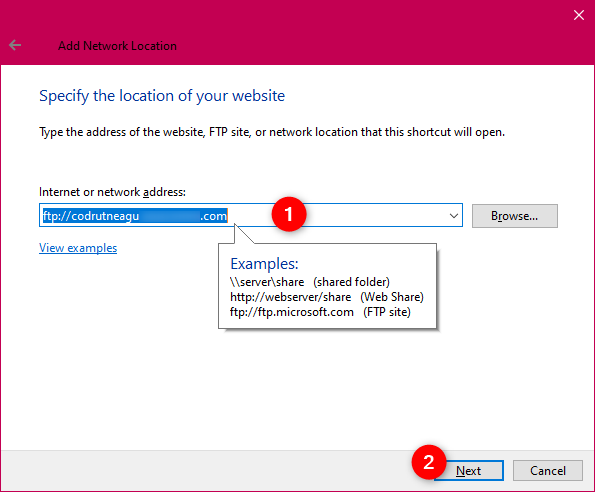 Entering the internet or network address (FTP drive)