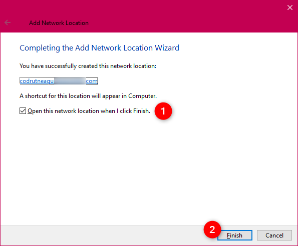 Finishing the Add Network Location wizard