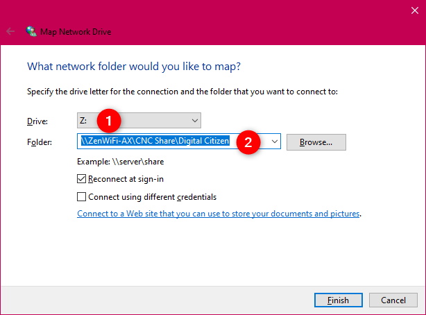 Choosing the folder to map as a network drive