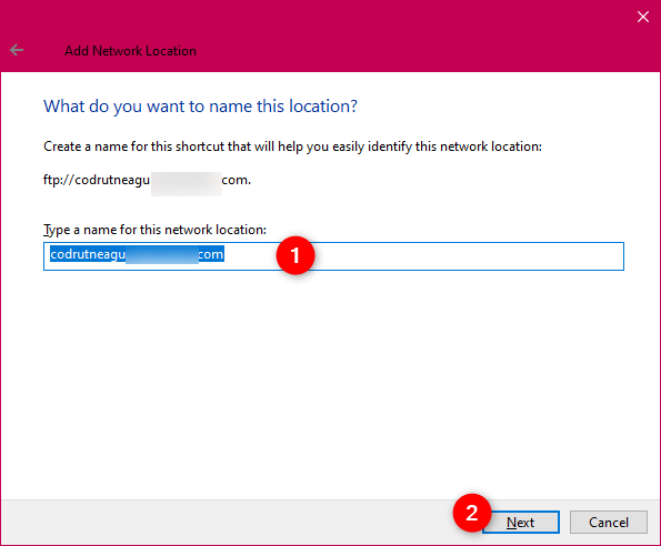 Choosing a name for the network location (FTP drive)