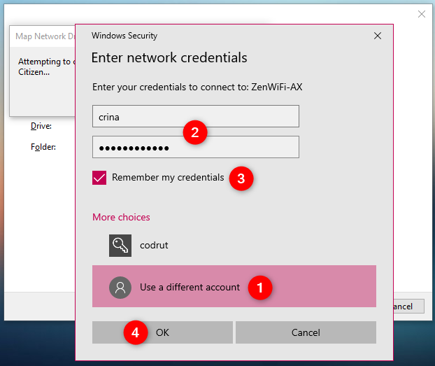 Choosing to use a different account to connect to the mapped network drive