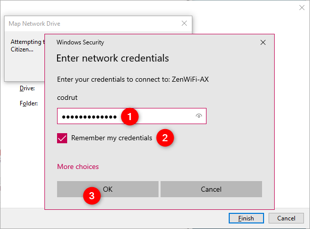 Entering the network credential to the mapped network drive