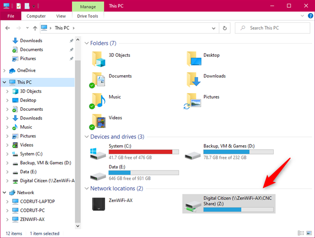 Mapped network drives are shown in File Explorer's Network locations