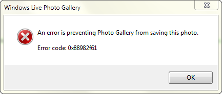 mensaje de error de la galería de fotos de Windows Live