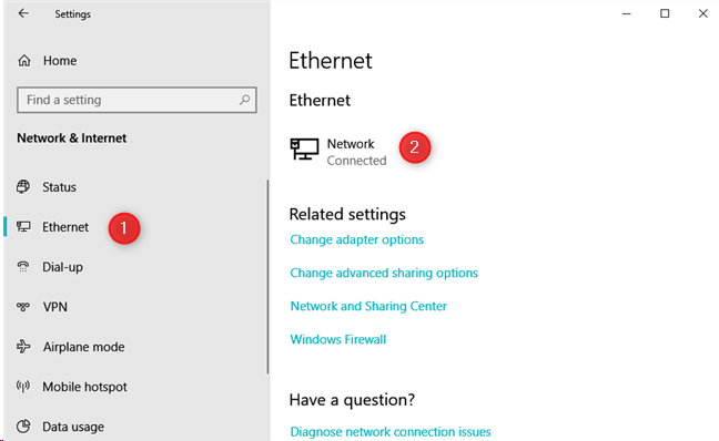 The Ethernet section from the Windows 10 Settings