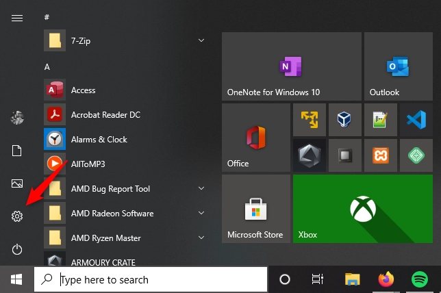 The Settings button from Windows 10's Start Menu