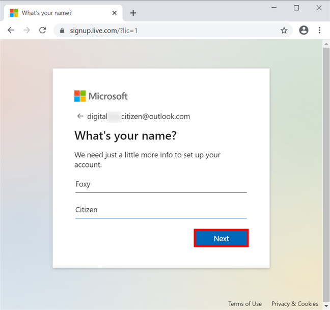 Insert your name and click or tap Next