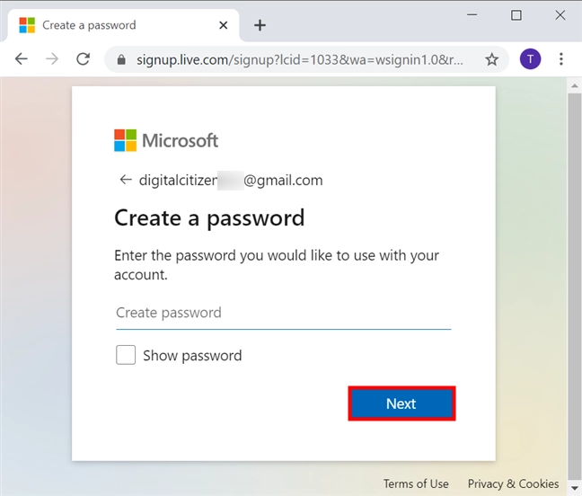 Choose a password and press Next