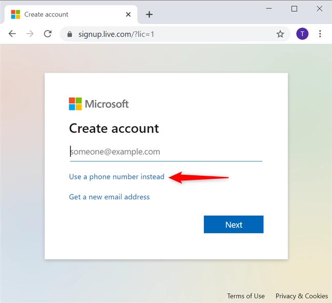 Use a phone number to create a Microsoft account without email