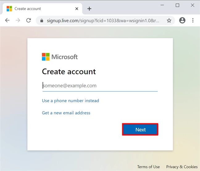 Enter your main email address to start creating a Microsoft account