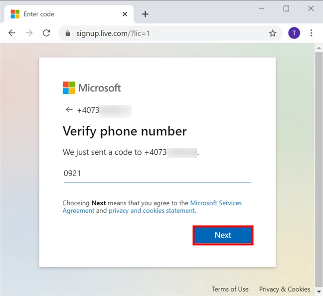 Verify your phone number by inserting the code received on it