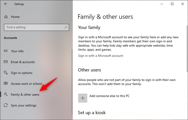 The Family &amp; other users page from the Settings app