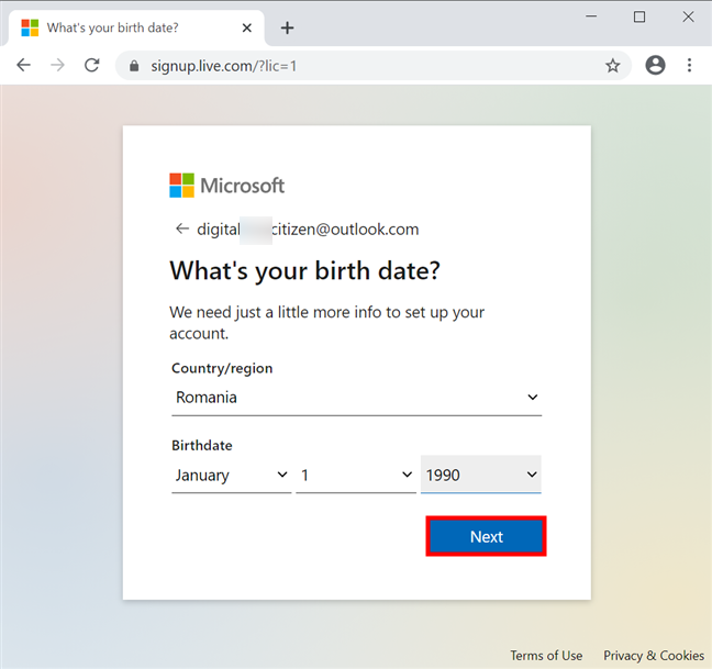 Add your country and birth date and press Next