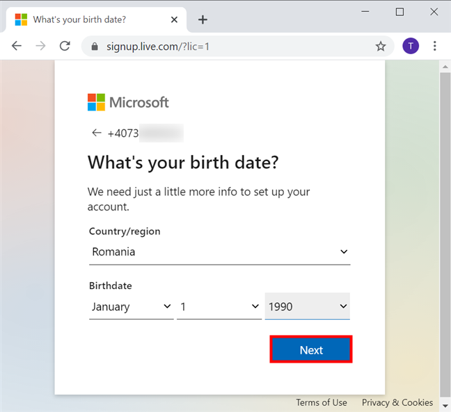 Add a little more info for your new Microsoft account